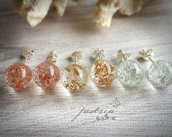 925 sterling sliver stud earrings,silver leaf,gold leaf,copper leaf,clear sphere resin,resin jewelry,luxury earrings