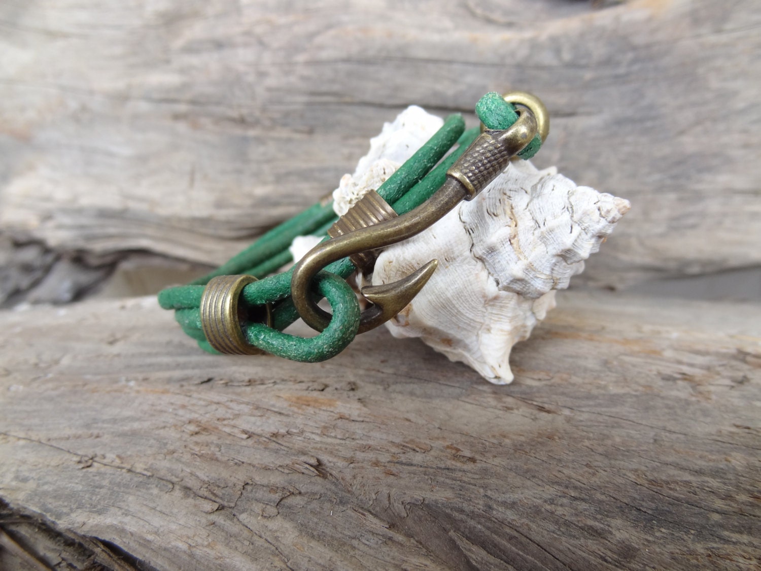 EXPRESS SHIPPINGWrap Fishing Hook BraceletGreen Leather