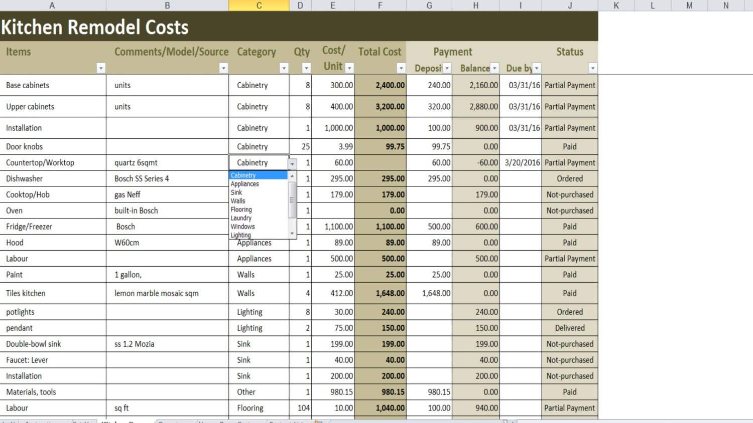 Kitchen Remodel Costs Calculator Excel Template Renovation