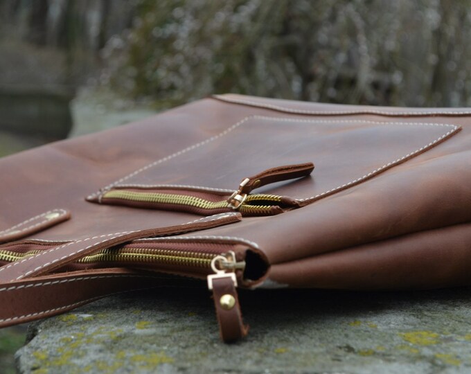 Leather Tote Bag Zipper + Zipper Bag + Large Cognac Tote Handles + Zippered Tote Bag + Leather Tote with Zipper + Leather Bag + Laptop Bag