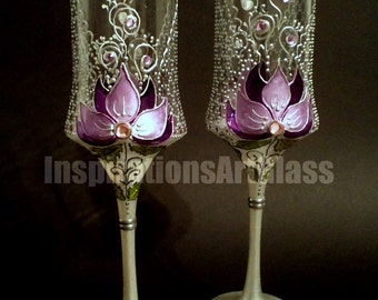 Wedding Glasses, Champagne Toasting Glasses, Champagne Flutes, HAND PAINTED, Purple Wedding, Unique Wine Glasses, Lace Glasses, Set of 2