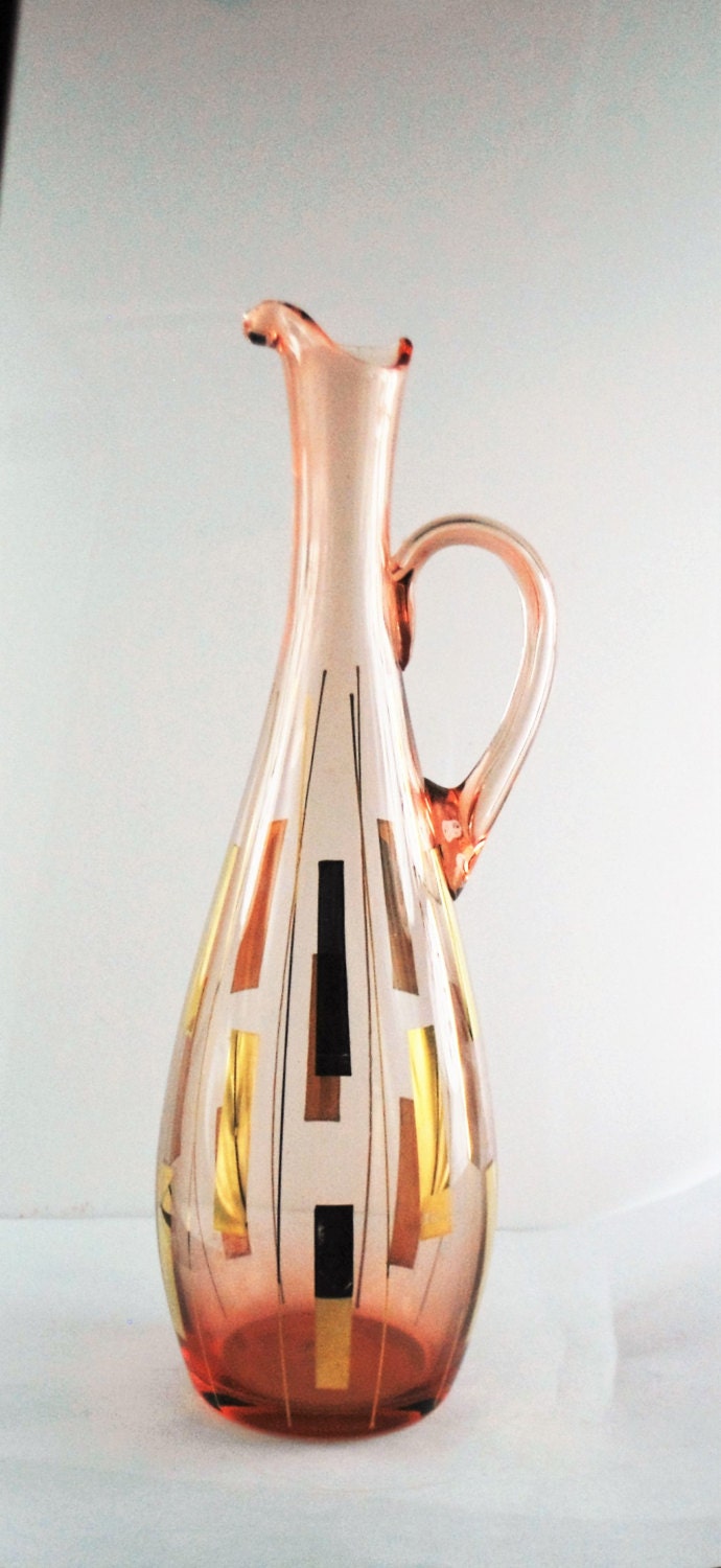 Vintage Pink Glass Pitcher with Modernistic Design