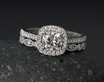 Halo Cushion Cut Moissanite Engagement Ring - Forever Brilliant - Leaf Milgrain Band, Wedding Set