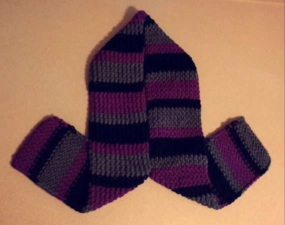48" Loom Knit Scarf Striped in Dark Orchid, Black and Charcoal Acrylic Yarn