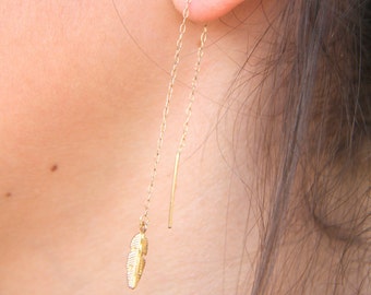 14k Gold Filled Threader Earrings, Feather Thread Earrings, Feather Earrings, Feather Fall Earrings, Fashion Earrings, Minimalist Jewelry.