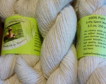 Alpaca Yarn, 3 Ply Sport/DK Weight, 250 yards per skein, natural (undyed) creamy-white, super soft yarn