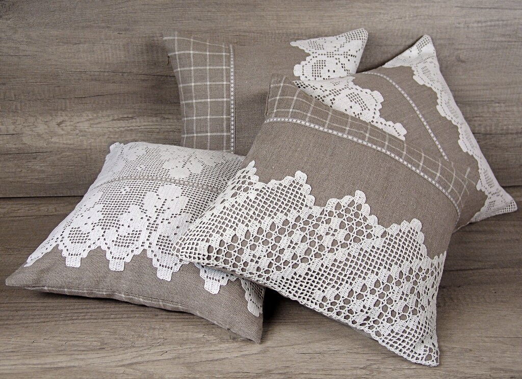 Gray white filet crochet throw pillow shabby chic euro sham