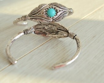 Bohemian Antique silver feather bangle cuff stacking bracelet, Native American Navajo Inspired Arm Cuff Bangle, Native American jewellery