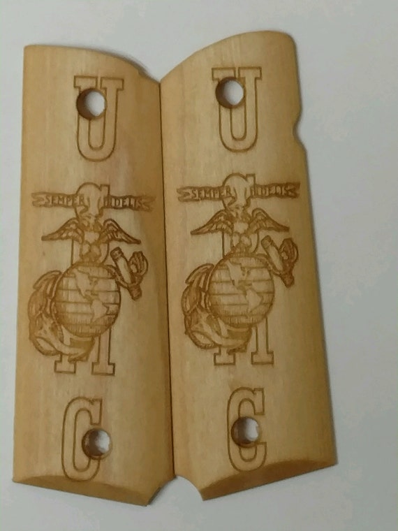 Colt 1911 USMC Maple custom laser engraved pistol grips