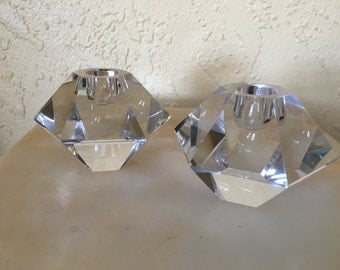 Brilliant Faceted Pair of Candle Holders Prism Candlestick Holders Hollywood Regency Heavy Glass