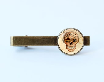 Skull tie clip Steampunk skull tie clip Men gift Steampunk gift Skull tie bar Skull jewelry Steampunk jewelry Human skull Sci Fi tie clip