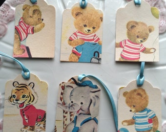 Handmade Gift Tag/Favor Tag set of six- color illustrations from vintage children's book/baby shower tags
