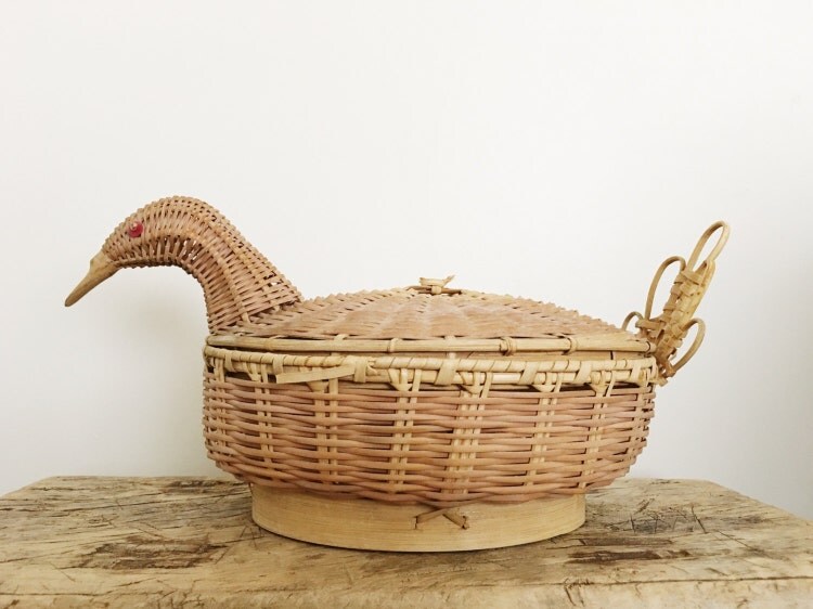 Vintage Woven Wicker Chicken // Hen Basket with by
