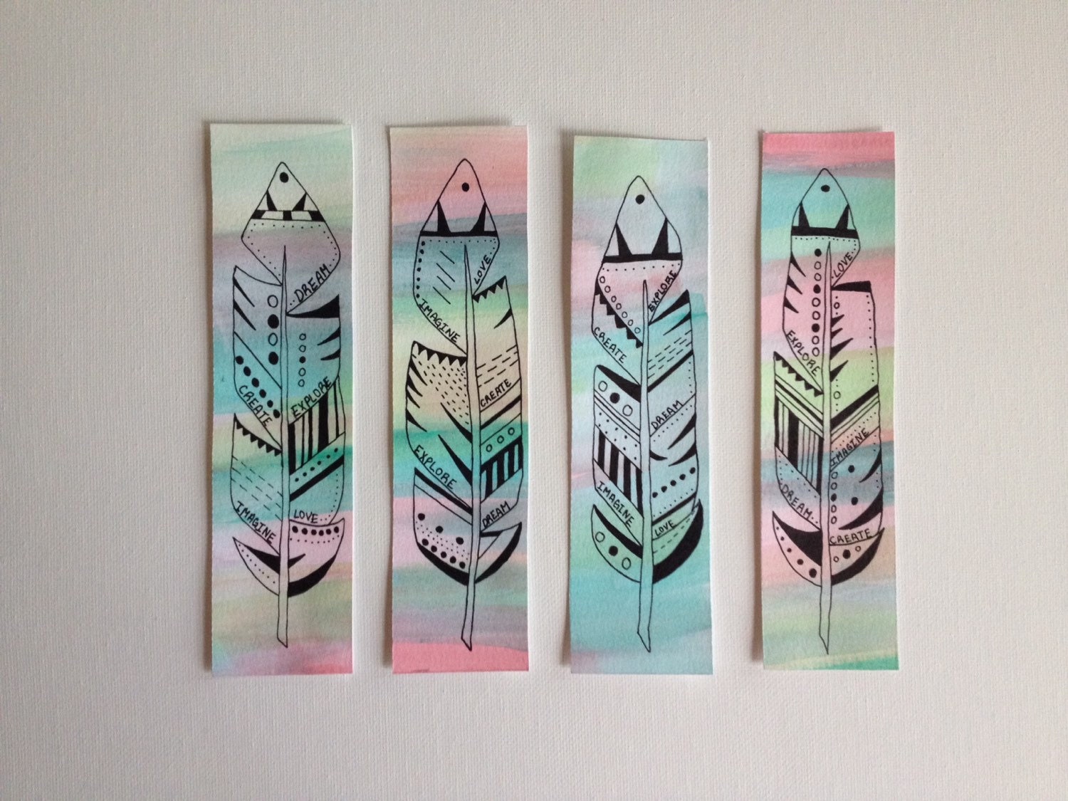 rainbow watercolor tribal feather bookmarks by heatherrosesart