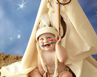 Newborn Indian Headdress, Baby Indian Headband, Crocheted Newborn Photo Prop