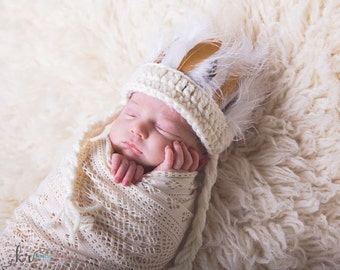 Newborn Indian Headdress, Baby Indian Headband, Crocheted Newborn Photo Prop