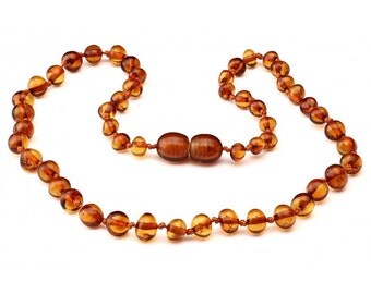 Baltic AMBER TEETHING NECKLACE - Polished Cognac, Baroque Bead, 28cm, 32cm, 38cm