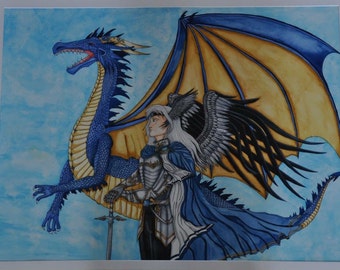 Fantasy painting: dragon elf knight