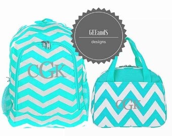 Monogram Aqua Chevron backpack and lunch bag- personalized bookbag