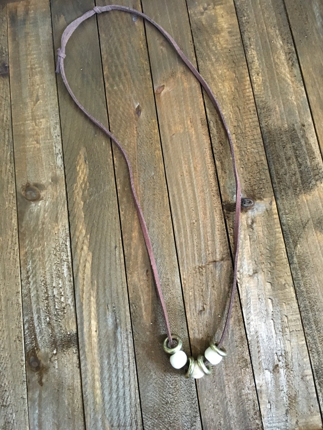 Adjustable Brown Cord Necklace with Gold Ring Beads and Wooden