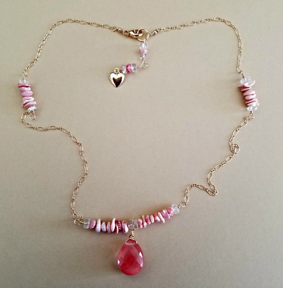 Pink Coral and Quartz Gemstone 20 inch necklace 14K gold