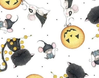 Halloween Fabric: Stacey Yacula - Charmed Smiley Pumpkin Toss on white with Mouse and Cat 100% cotton Fabric by the yard 36"x44" QT108
