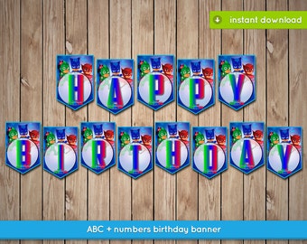 Pj Masks Banner - Printable happy birthday party banner decoration - INSTANT PDF DOWNLOAD