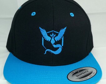 Pokemon GO Team Mystic Embroidered Snapback Baseball Hat / Black w/ Teal Bill Hat Classic Yupoong Snapback Cap