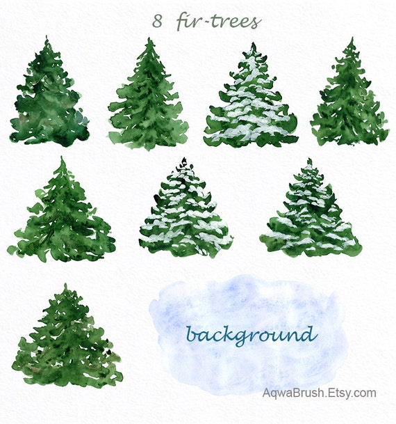 Watercolor Fir-trees Clipart Commercial use Christmas New year