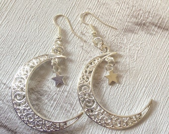 Crescent Moon Earrings, Moon Earrings, Silver Earrings, Boho Earrings, Half Moon Earrings, Cosmic Chic, Silver Crescent Moon.
