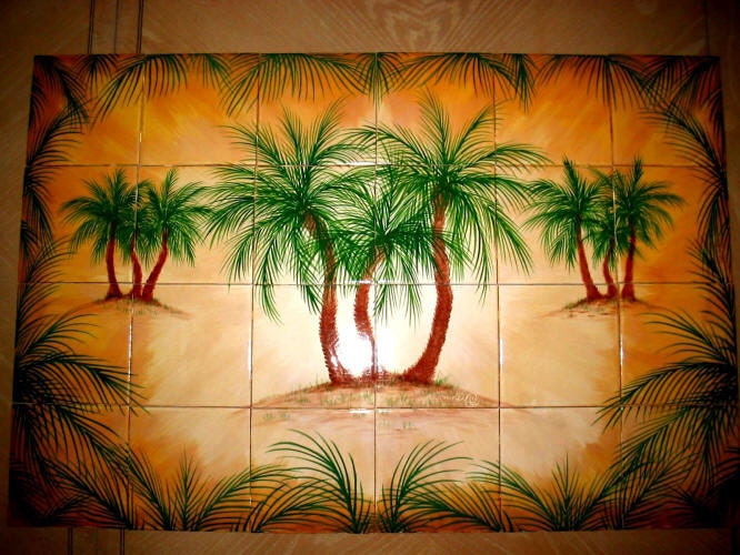 Palm Tree Ceramic Tile Murals and Tumbled Marble by KLTileMurals