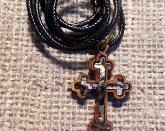 Mens Wooden cross Nacre - Womens Wood Cross Necklace mother of pearl - Wood cross Wooden Neck Cross Orthodox Roman Christian Catholic