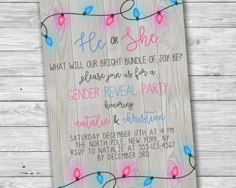 Winter Gender Reveal Invitation, Christmas Lights Gender Reveal Invitation, Printable Invitation, Pink and Blue Lights, Bundle of Joy