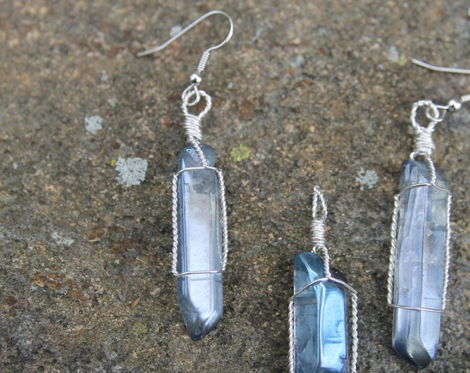 Aqua Aura Quartz Crystal Tip Earrings and Pendant Set Twisted Silver Wire Wrap; Jewelry Set, Blue Stone Jewellery, Boho Hippie Gift for Her