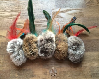 Natural Rabbit Fur, Feathers,Fur/Feather Cat Toy, Handmade Cat Toys, 5 per pack, Birbit