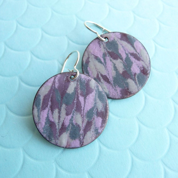 Pink Marble Enamel Earrings - Pink, Purple, and Grey Marbled Vitreous Enamel and Sterling Silver Ear Wires - CC Star