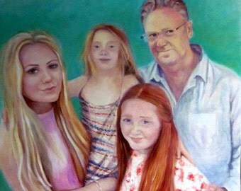 Large Custom Portrait Painting, 4 people from your own photo, 30x30in large oil painting on canvas, family portrait, father and daughters