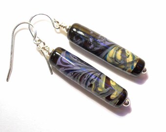 Purple, blue & black tube earrings, Lampwork art glass beads, handmade jewelry, sterling silver wire SRAJD lamp work glass, Isinglass Design