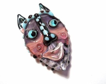 Pink & Purple Mask Necklace, Handmade Lampwork glass bead, 'animalia' face pendant, Mardi Gras amulet, focal bead, glassbead, SRAJD