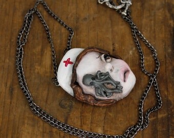 Original Cameo Sculpture Steampunk Nurse Octopus Necklace Pop Surrealism