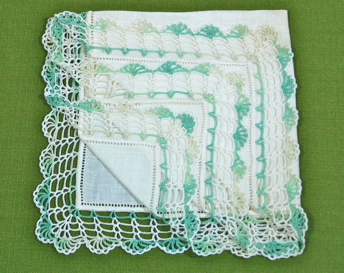 Variegated Green Crocheted Edge White Hankie Handkerchief 12 inch