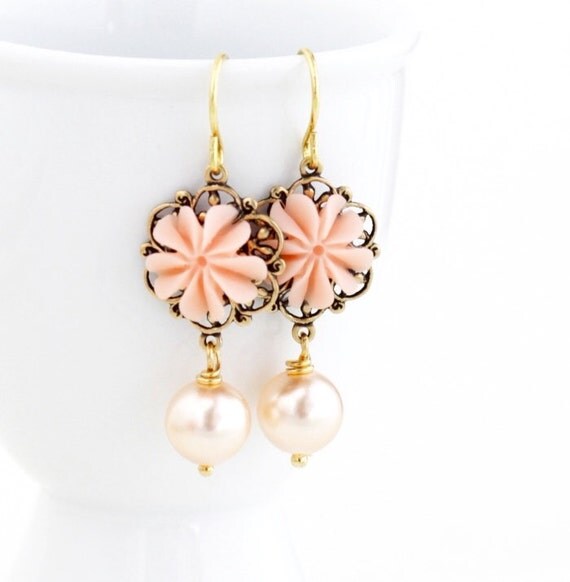 Pastel Orange Earrings Flower Earrings Pale Peach Pretty