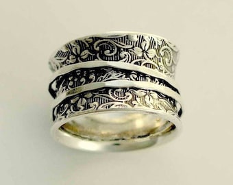 Silver Wedding Band, sterling silver band, spinners ring, wide silver band, silver filigree ring, stacking rings - A way of life 2, R1209AS