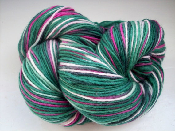 Hand painted yarn, soft merino wool, lace weight greens pink 100g