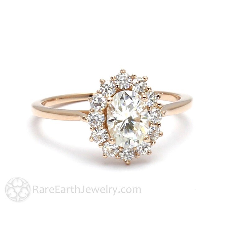 18K Cluster Moissanite Engagement Ring Oval Halo by RareEarth