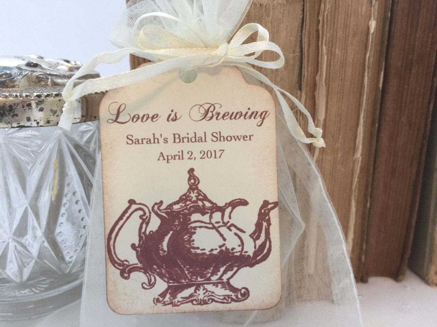 Tea Party Favor bags Organza Bags and Teapot Tags Set of 10