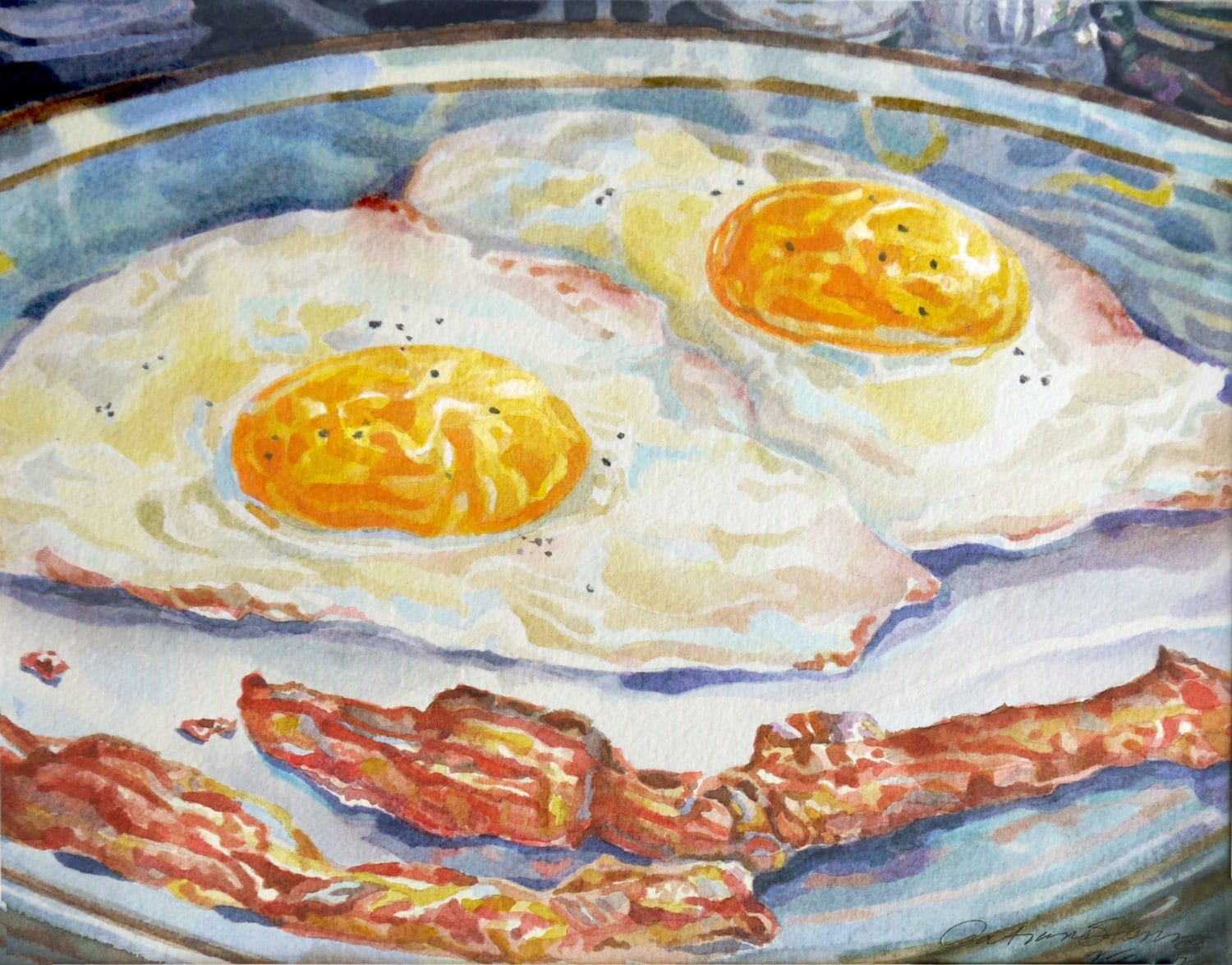 Eggs With Bacon Original Watercolor Painting Still Life Yellow
