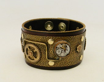 Steampunk leather cuff bracelet.