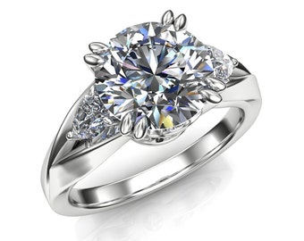 2 Carat Diamond Engagement Ring, Split Band, Round with Pear Accents