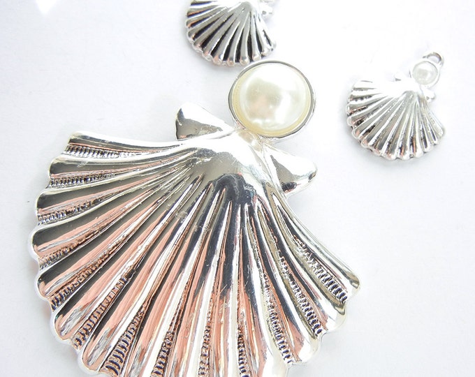 Set of Silver-tone Seashell Pendant and Charms with Pearl Cabochon